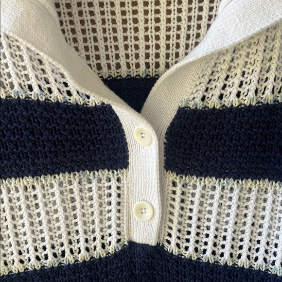 Talbots Like New SzL Petite Open Stitch Sailor Collar Sweater Blue White Stripe - Picture 4 of 10